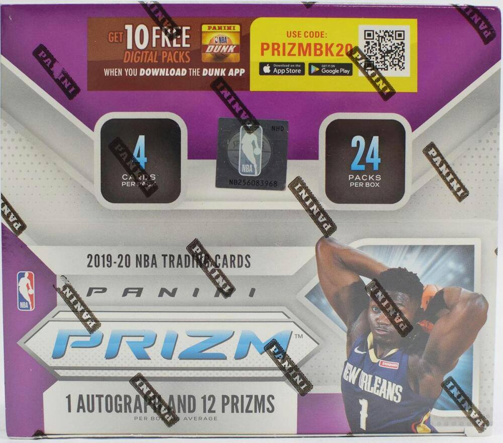 GET 10 FREE DIGITAL PACKS  
USE CODE: PRIZMBK20  
PA DIGITAL PACKS  
PA Download - mhe -eT i PARINI  
WHEN YOU DOWNLOAD THE DUNK APP  
App Store Google Play  
NI INI ANIMI NHD  
PAN 4 24 NBA PANINI C S PACKS PER NB256083968 PER BOX  
PANINI 2019-20 NBA TRADING CARDS  
PANINI PRIZM  
PANINI ININ AND 12 PRIZMS  
PANINI PER BOX  
AVERAGE 1