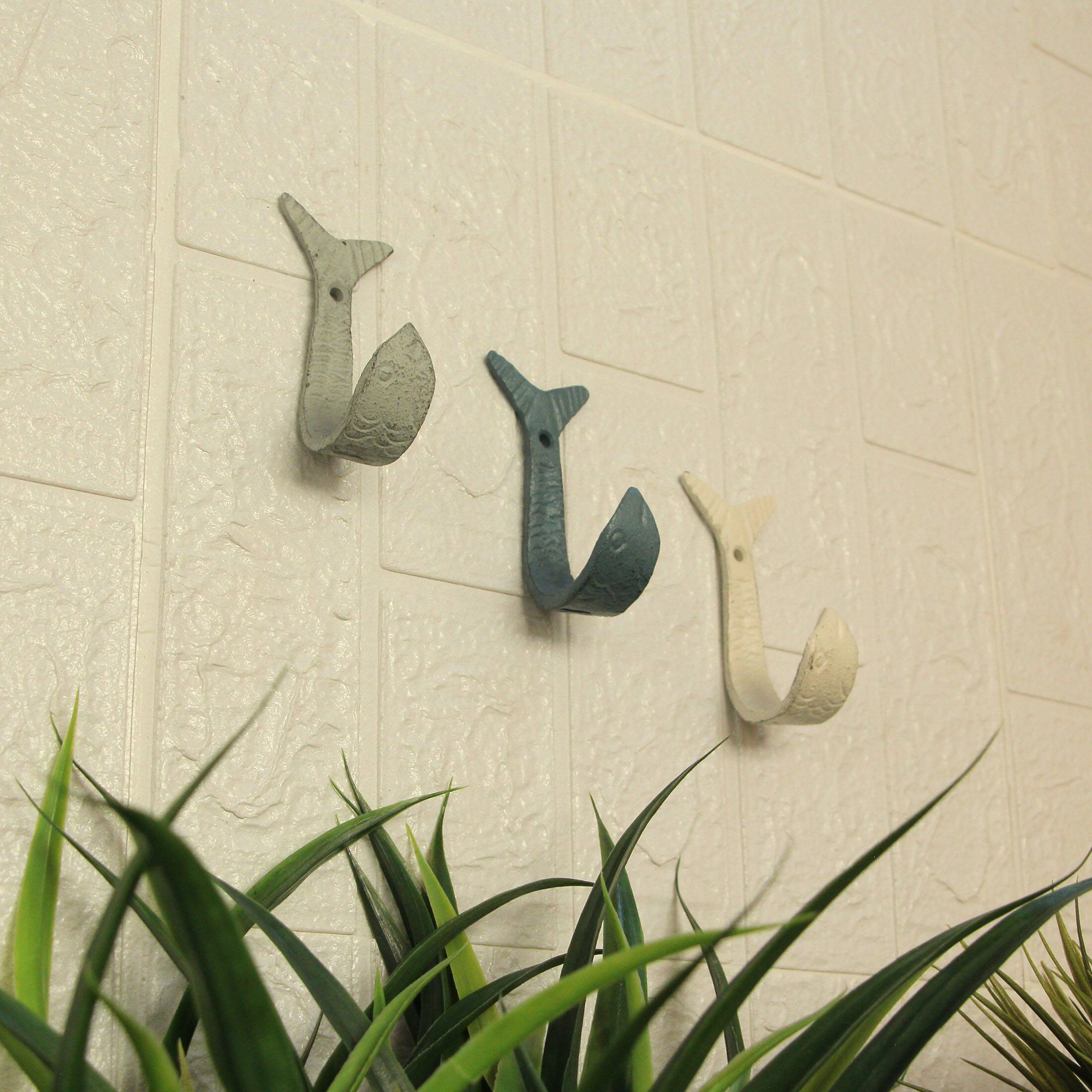 Alt View 3. Zeckos - Set of 3 Flipping Fish Wall Hooks - 4" - Blue, Gray, White - Coastal Decor - Multicolored.