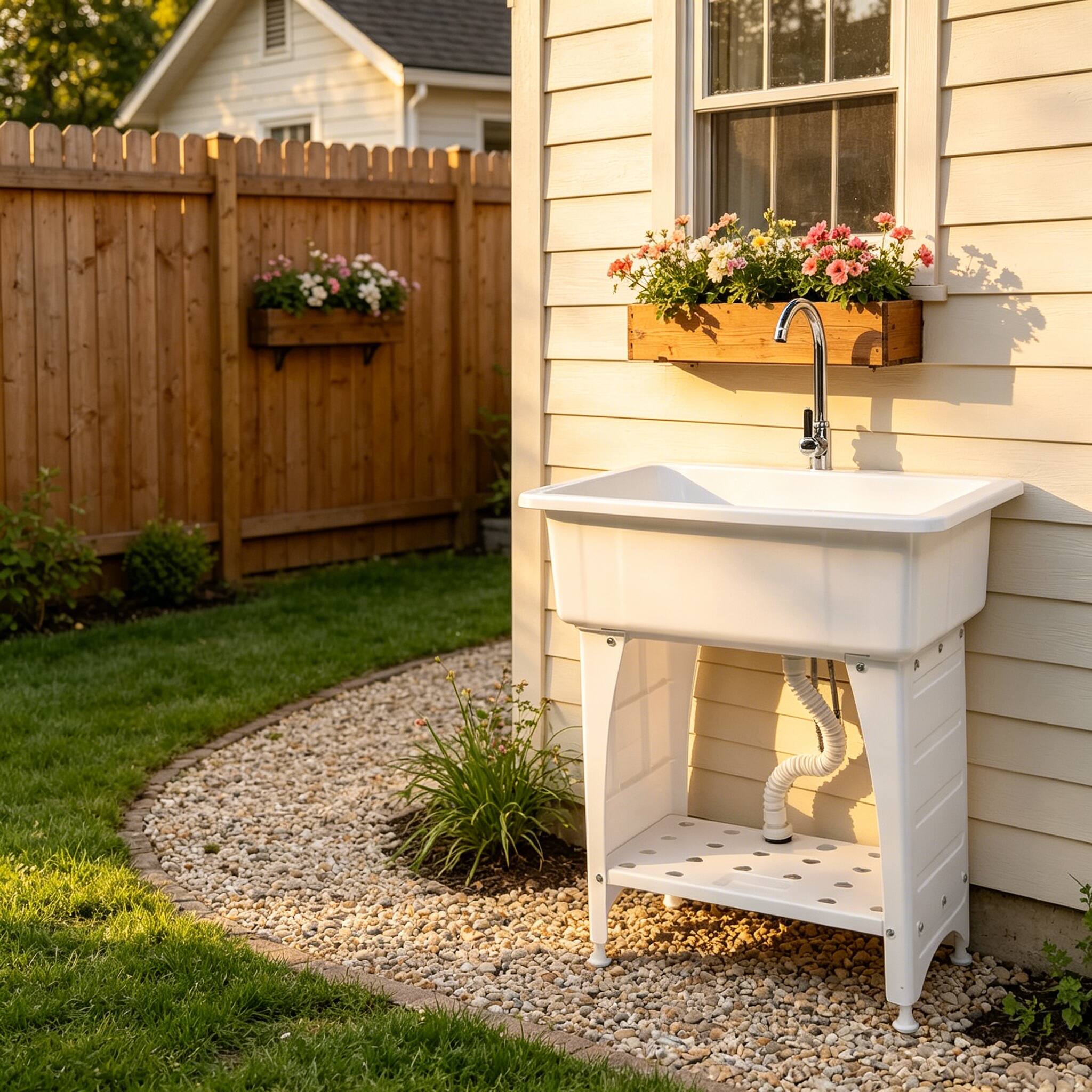 Left. Winado - Plastic Utility Sink with Hot Cold Faucet for Soaking Clothes and Washing Pets in Basement and Utility Room Laundry Room - White.