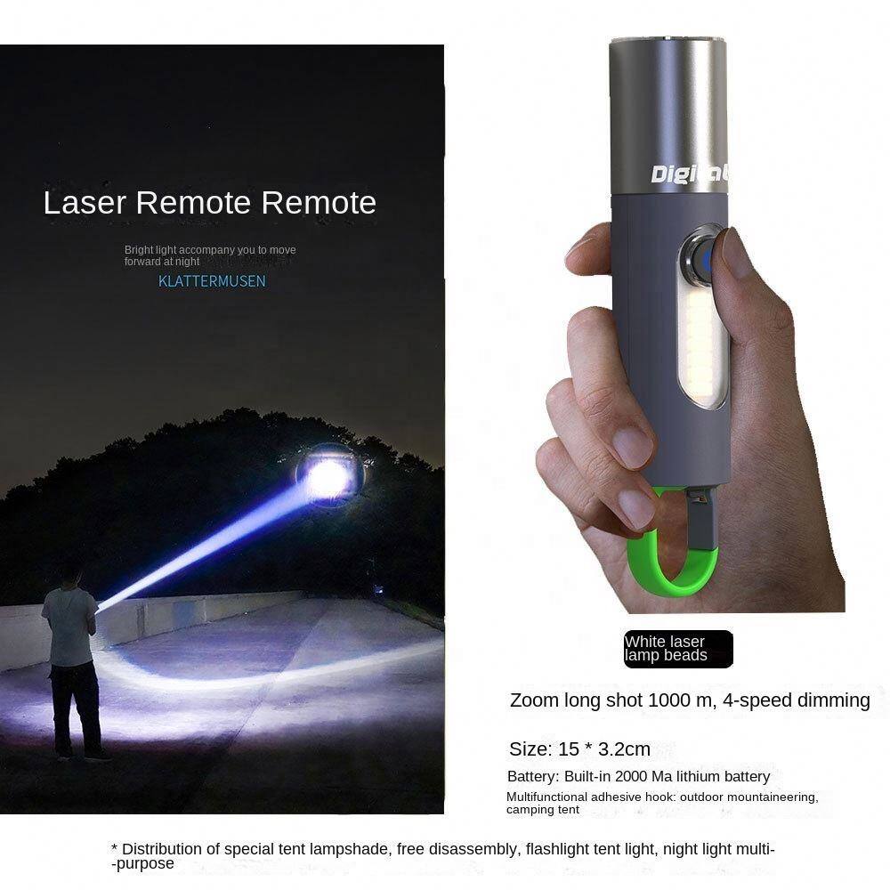 Laser Remote Remote  
Bright light accompany you to move forward at night  
KLATTERMUSEN  

White laser lamp beads  
Zoom long shot 1000 m, 4-speed dimming  

Size: 15 * 3.2cm  
Battery: Built-in 2000 Ma lithium battery  
Multifunctional adhesive hook: outdoor mountaineering, camping tent  

*Distribution of special tent lampshade, free disassembly, flashlight tent light, night light multi-purpose