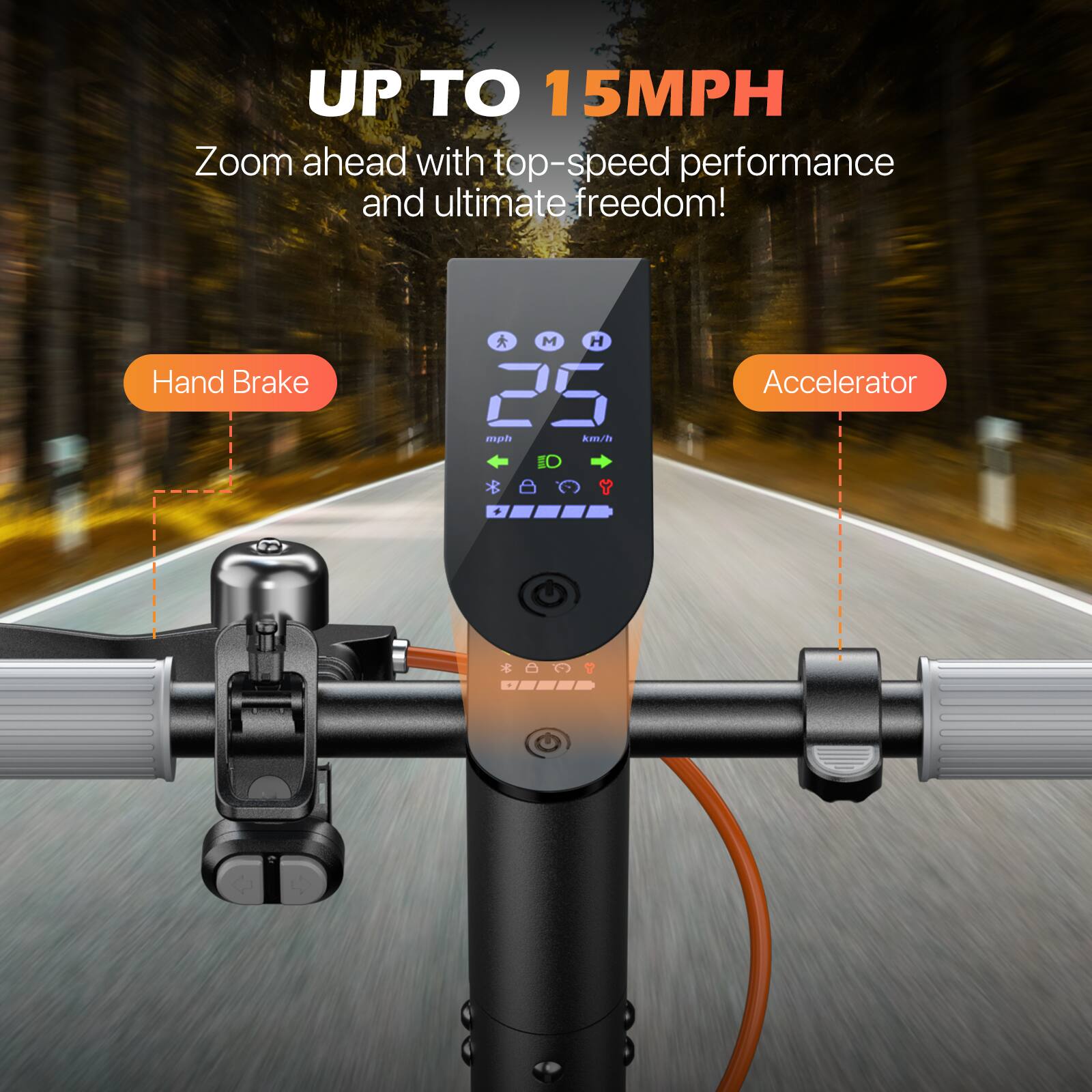 UP TO 15MPH  
Zoom ahead with top-speed performance and ultimate freedom!  

Hand Brake  
Accelerator  

25 mph  
25 km/h