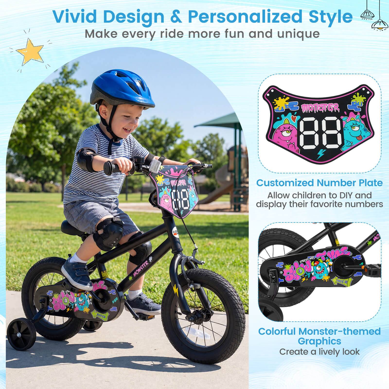 Vivid Design & Personalized Style  
Make every ride more fun and unique  

Customized Number Plate  
Allow children to DIY and display their favorite numbers  

Colorful Monster-themed Graphics  
Create a lively look
