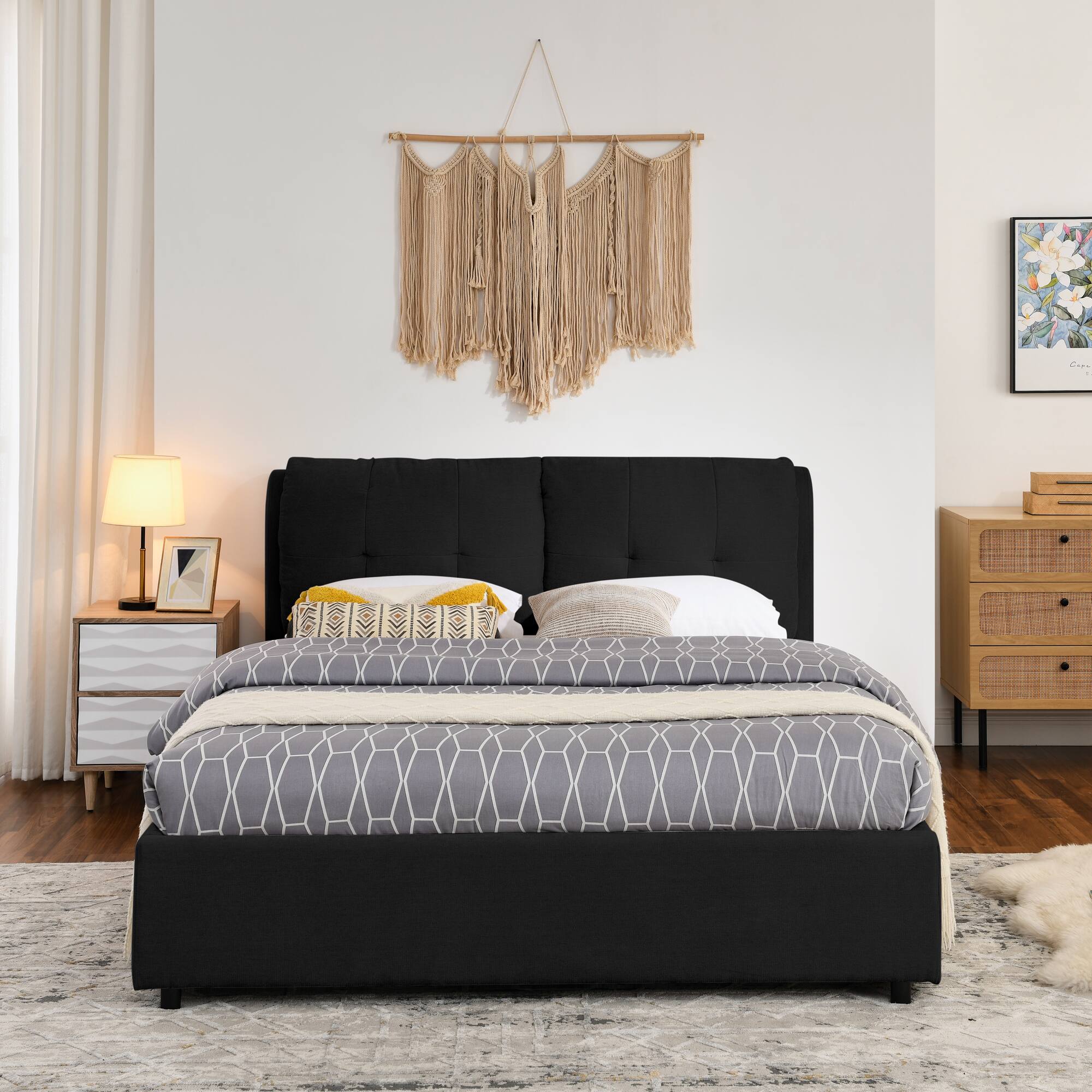 Back. Anysun - Queen Size Storage Upholstered Hydraulic Platform Bed with Integrated Headboard, Chenille Fabric - Black.