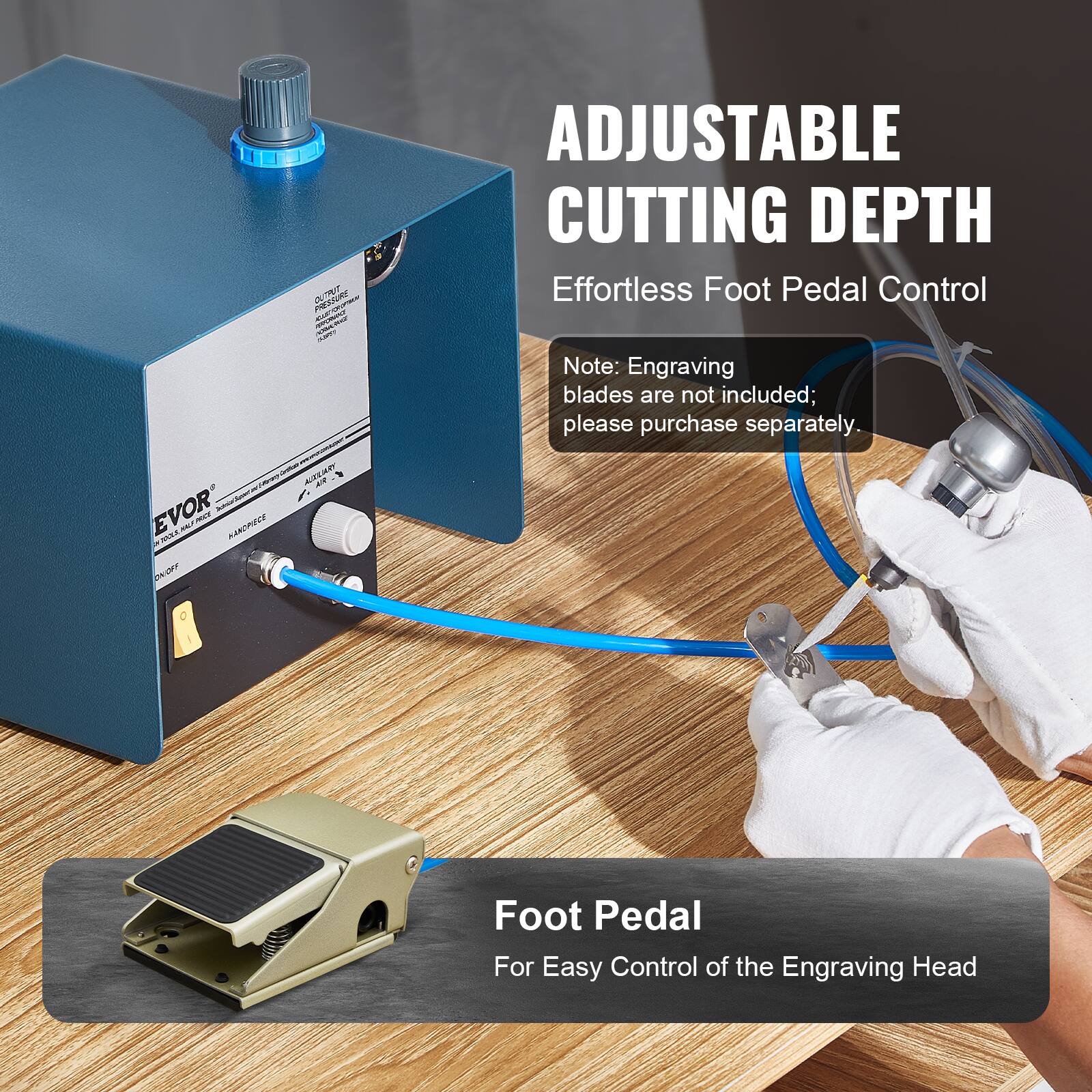 ADJUSTABLE CUTTING DEPTH  
Effortless Foot Pedal Control  

Note: Engraving blades are not included; please purchase separately.  

Foot Pedal  
For Easy Control of the Engraving Head
