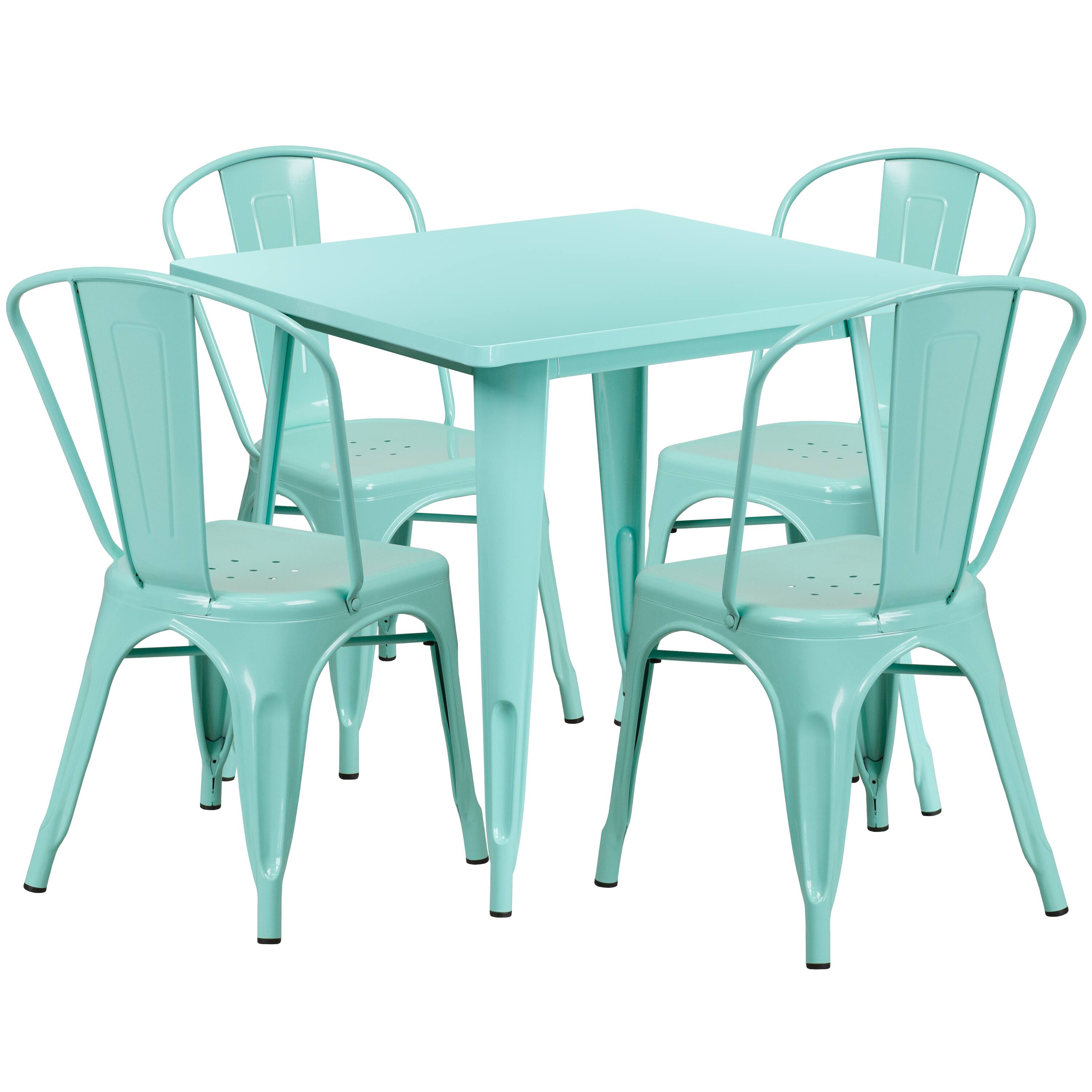 Emma + Oliver - Commercial Grade 31.5" Square Metal Indoor-Outdoor Table Set with 4 Stack Chairs - Mint Green