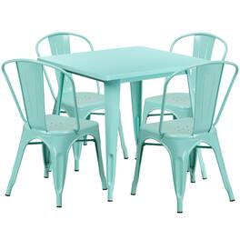 Emma + Oliver - Commercial Grade 31.5" Square Metal Indoor-Outdoor Table Set with 4 Stack Chairs - Mint Green