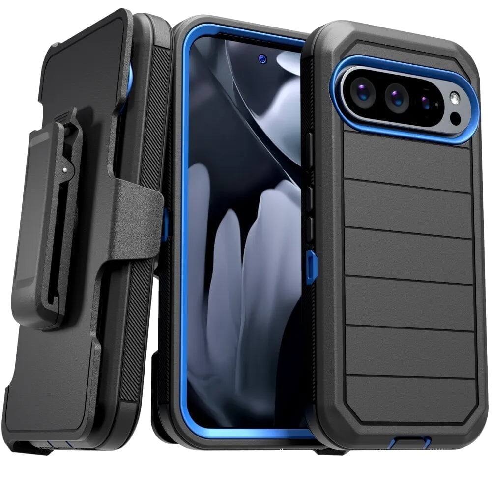 Front. RomeTech - Defender Case for Google Pixel 10 Pro XL with Belt Clip, Kickstand, Dual-Layer, Black/Blue - Black / Blue.