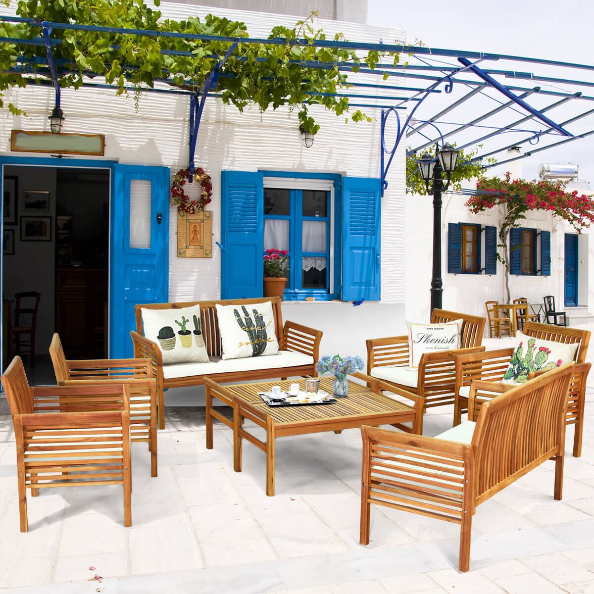 Alt View 3. Gymax - Gymax 8 Piece Outdoor Acacia Wood Sofa Set w/ Teak Wood Oil Water Resistant Cushions - Natural.