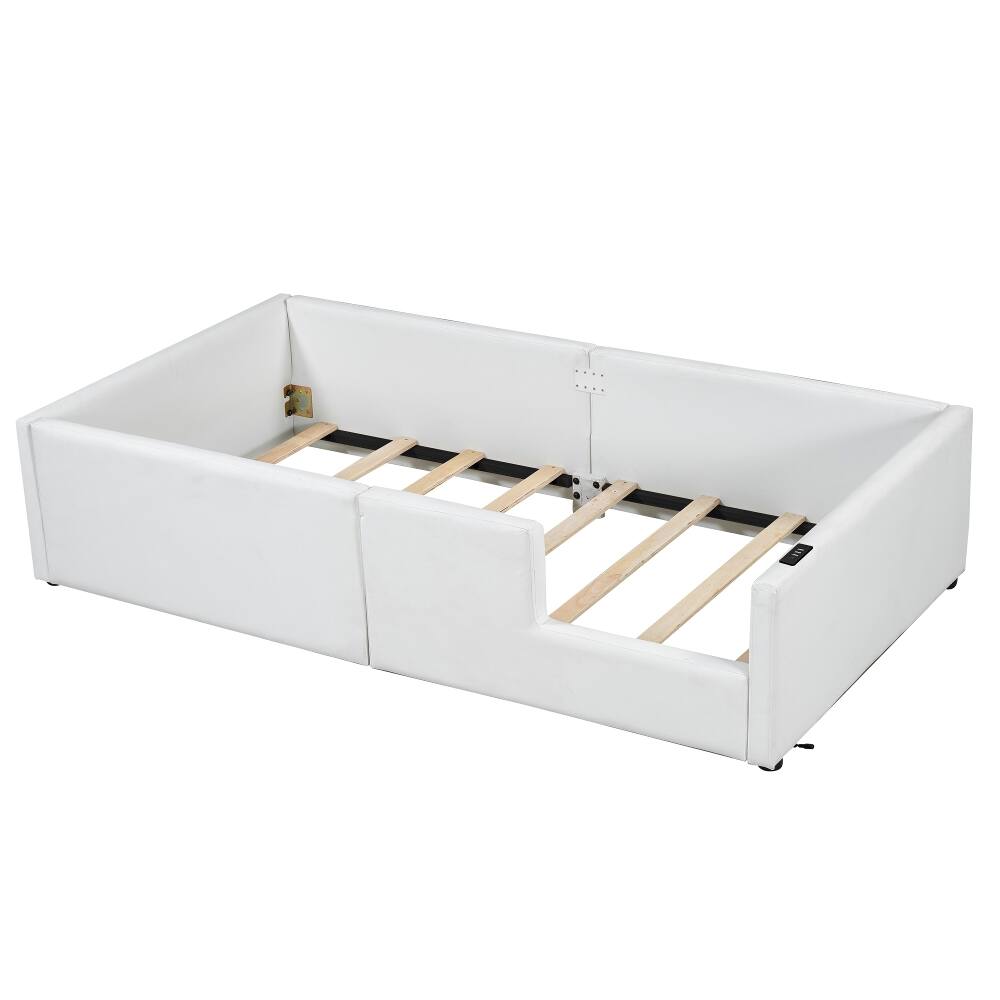 Alt View 9. Loheer - Loheer Twin Upholstered Platform Bed White Twin Bed with Guardrail and Charging Station - White.