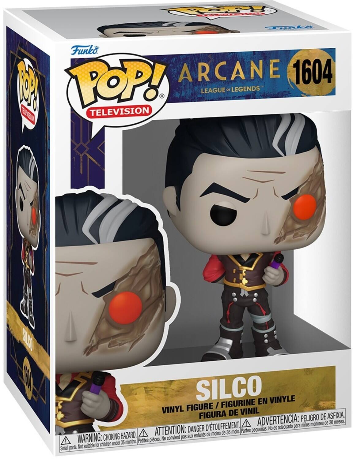 Sure, here is the corrected and grouped text from the image:

---

**Funko POP! TELEVISION**

**ARCANE 1604**  
LEAGUE OF LEGENDS

**SILCO**  
VINYL FIGURE / FIGURINE EN VINYLE / FIGURA DE VINIL

**WARNING: CHOKING HAZARD.**  
Small parts. Not suitable for children under 36 months.  
ADVERTENCIA: PELEIGRO DE ASFIXIA.  
ATTENTION: DANGER D'ÉTOUFFEMENT.  
ATTENTION: DANGER D'ÉTOUFFEMENT.  
ATTENTION: DANGER D'ÉTOUFFEMENT.  
ATTENTION: DANGER D'ÉTOUFFEMENT.  
ATTENTION: DANGER D'ÉTOUFFEMENT.  
ATTENTION: DANGER D'ÉTOUFFEMENT.  
ATTENTION: DANGER D'ÉTOUFFEMENT.  
ATTENTION: DANGER D'ÉTOUFFEMENT.  
ATTENTION: DANGER D'ÉTOUFFEMENT.  
ATTENTION: DANGER D'ÉTOUFFEMENT.  
ATTENTION: DANGER D'ÉTOUFFEMENT.  
ATTENTION: DANGER D'