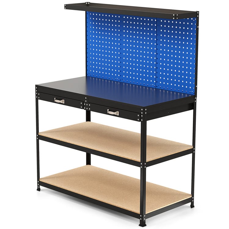 SlickBlue - 48 x 24 Inch Garage Workbench with Triple Pegboard, Storage Drawer, and Shelves - Navy