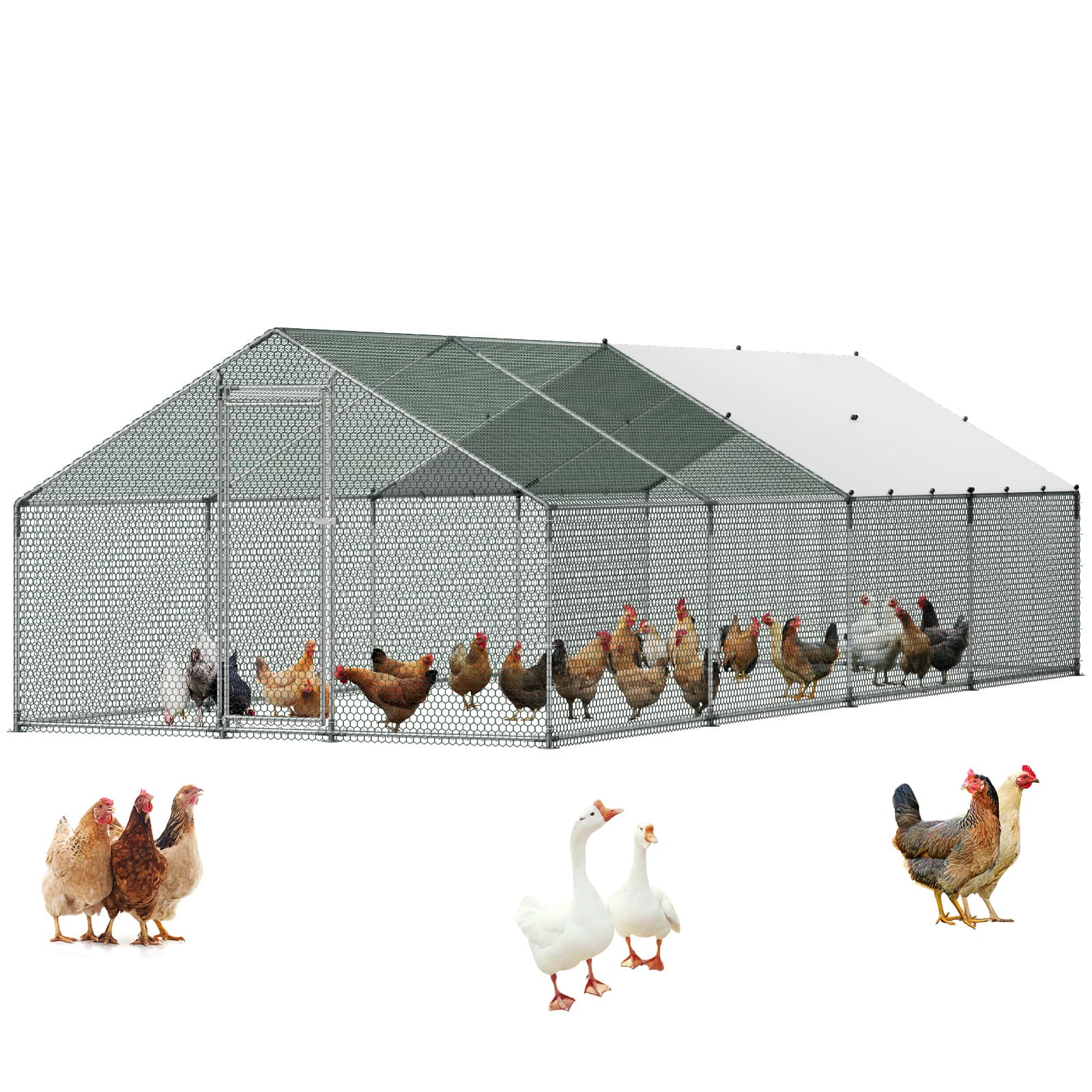 VEVOR - Large Metal Chicken Coop,9.8 x 26.2 x 6.6 ft, Walk-in Chicken Runs with Waterproof Cover, Spire Roof Hen House Enclosure - Silver
