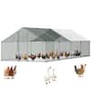 Front. VEVOR - Large Metal Chicken Coop,9.8 x 26.2 x 6.6 ft, Walk-in Chicken Runs with Waterproof Cover, Spire Roof Hen House Enclosure - Silver.