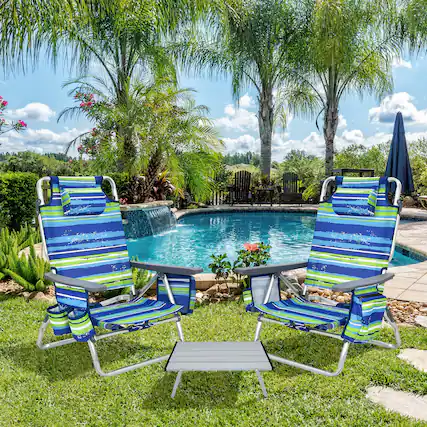 Front. Gymax - Gymax 3PCS Folding Beach Chair & Table Set Outdoor Adjustable Reclining Chair - Blue.