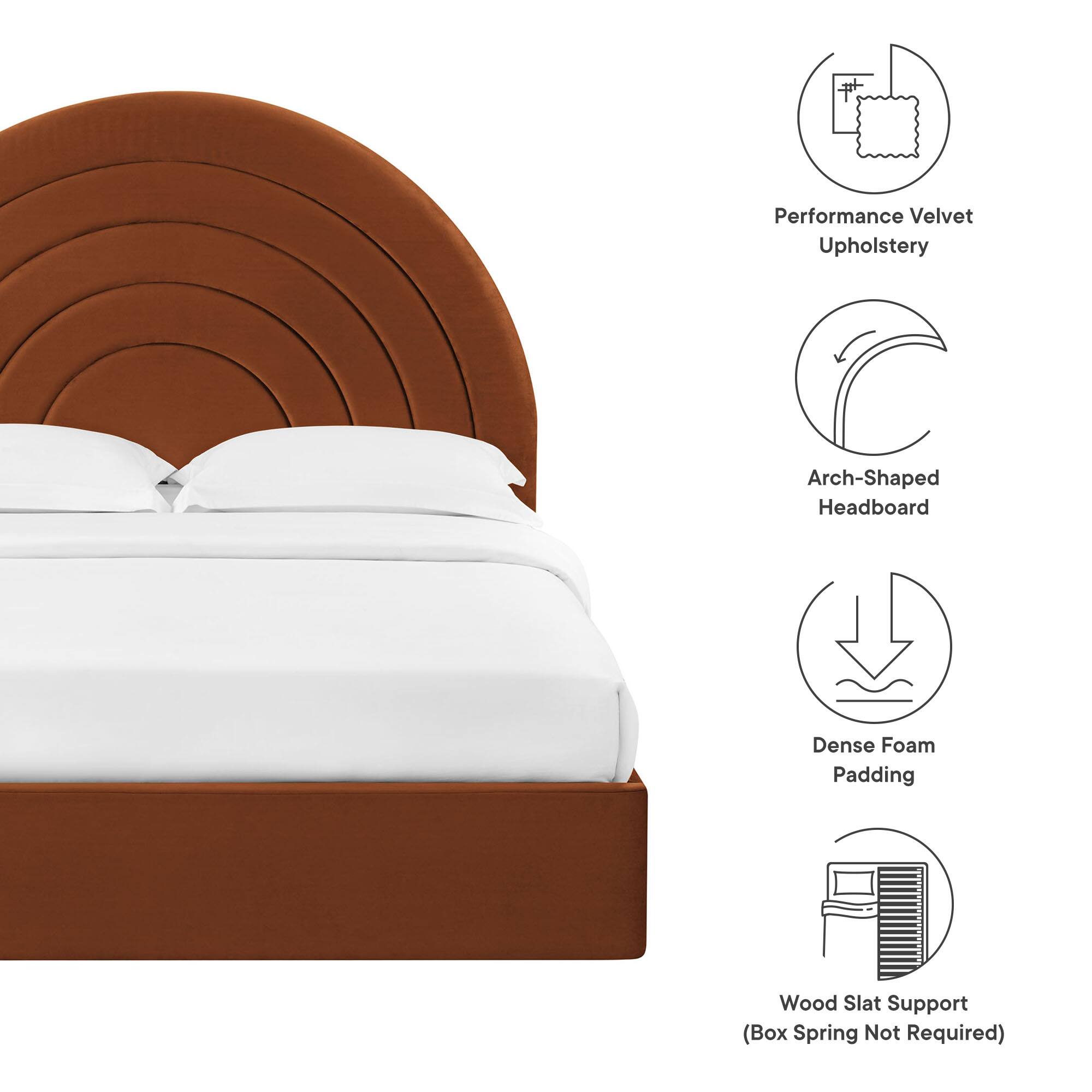 Performance Velvet Upholstery  
Arch-Shaped Headboard  
Dense Foam Padding  
Wood Slat Support (Box Spring Not Required)