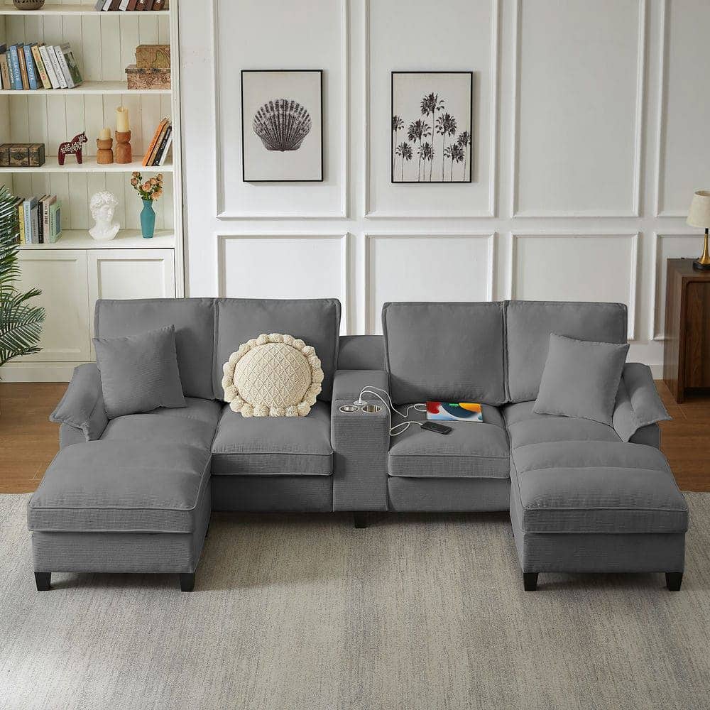 Kadyn - 120" U-Shaped Sectional Sofa Bed, Corduroy 4-Seater with Storage and Cup Holders, Gray - Gray