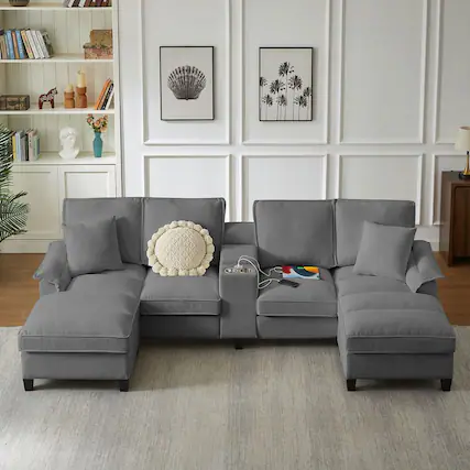 Front. Kadyn - 120" U-Shaped Sectional Sofa Bed, Corduroy 4-Seater with Storage and Cup Holders, Gray - Gray.