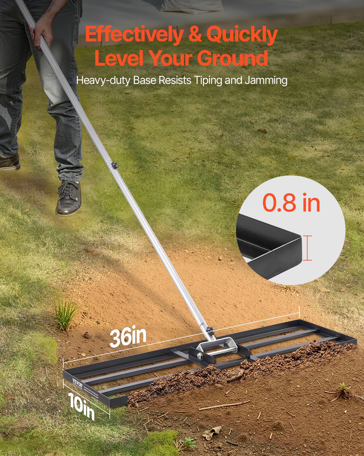 Effectively & Quickly Level Your Ground  
Heavy-duty Base Resists Tipping and Jamming  

0.8 in  
36in  
10in