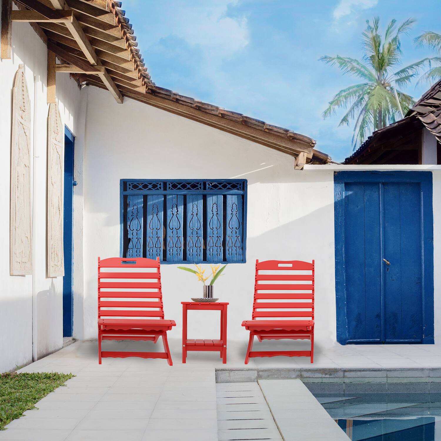 Alt View 1. FODINGHILL - Folding Portable Xavier Wave HDPE Adirondack Chairs Set of 2 - Red.