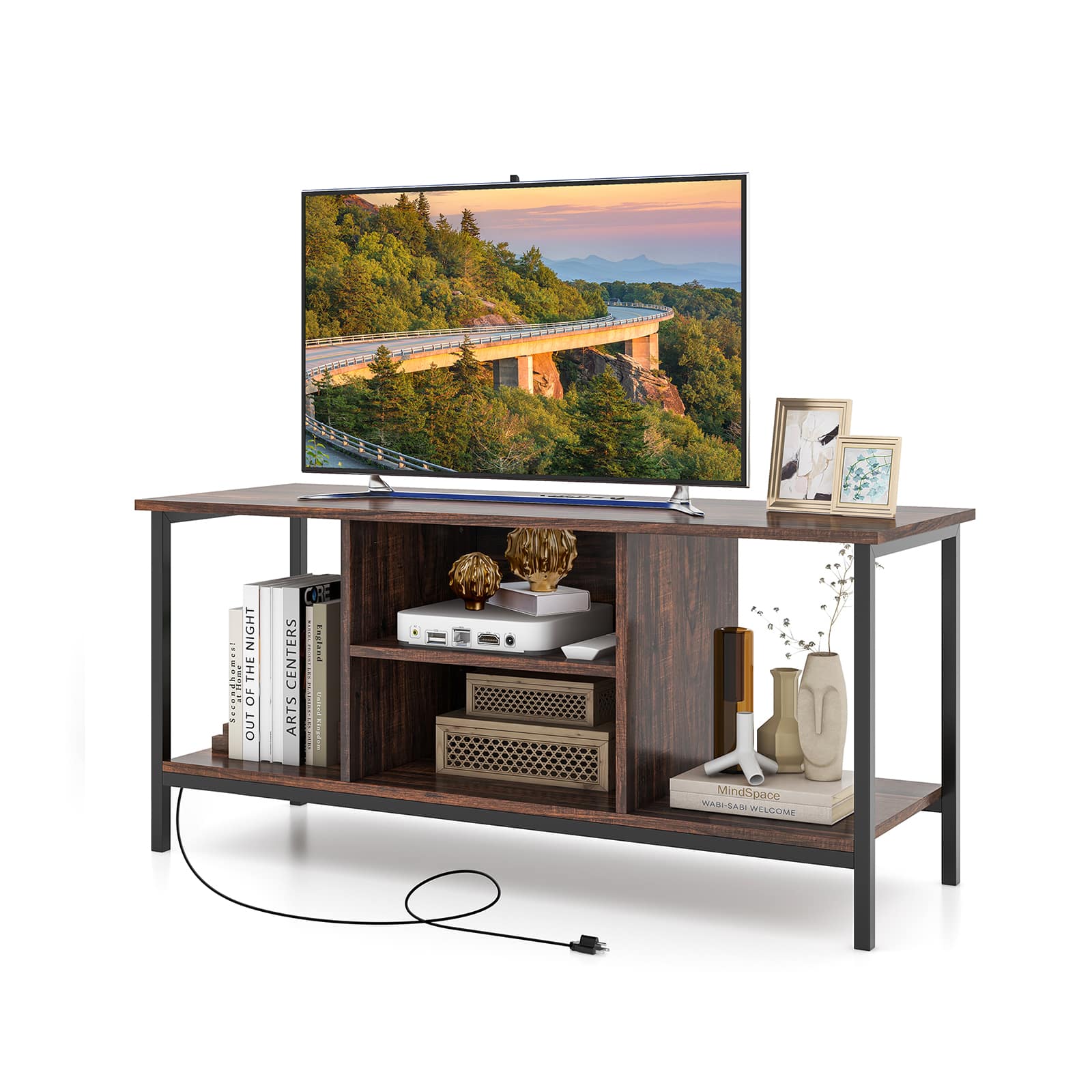 Ecooso - TV Stand Entertainment Center with Open Shelves and Power Outlets for 50 Inch - Rustic Brown & Black