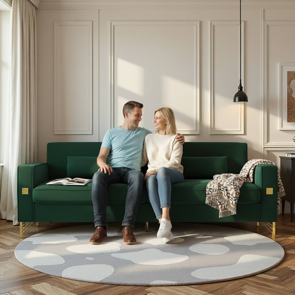 Angle. Anysun - Luxury 3-Seat Velvet Sofa with Gold Accents - Plush Cushions for Living Room & Office. - Green.