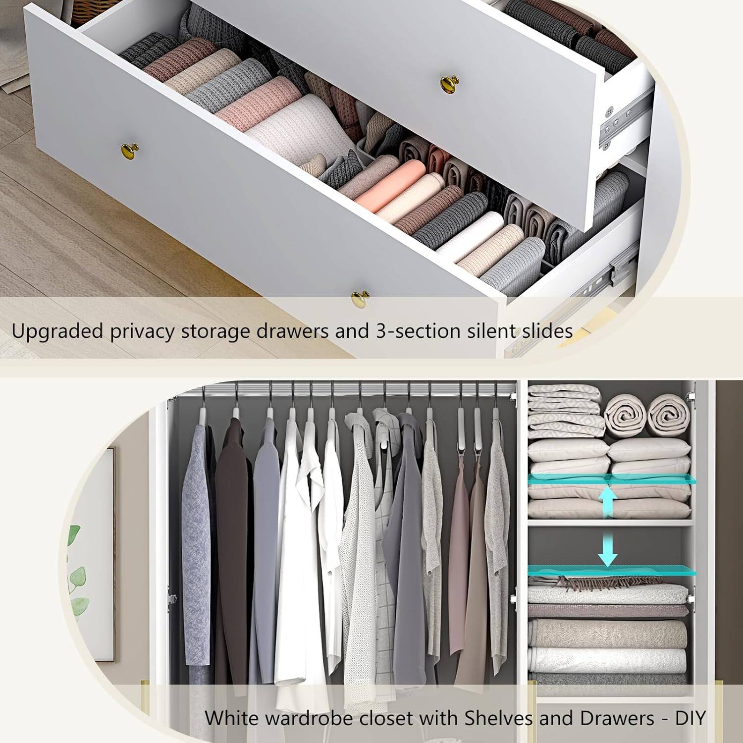 Upgraded privacy storage drawers and 3-section silent slides

White wardrobe closet with Shelves and Drawers - DIY