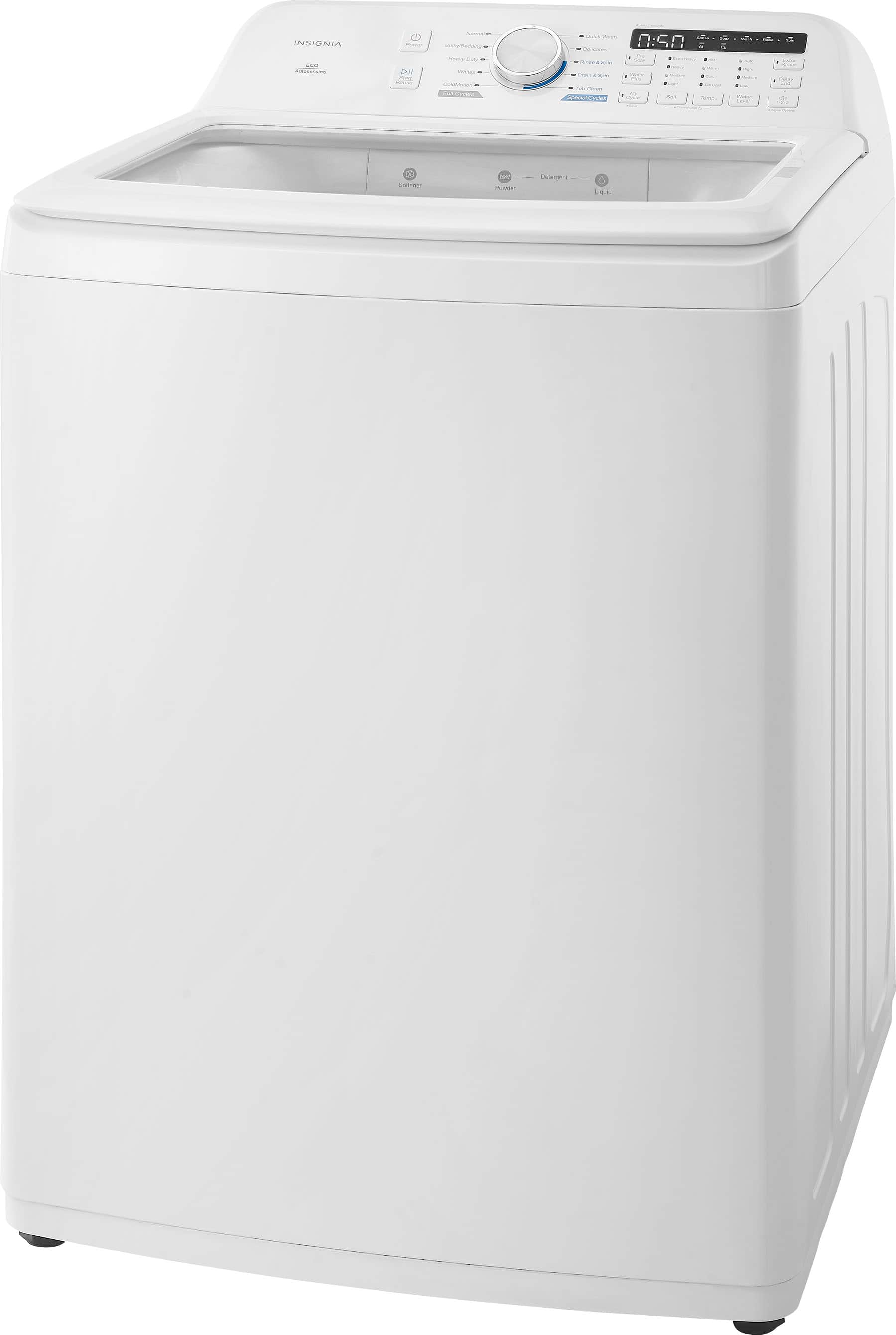 The image features a white Insignia washing machine. The machine is designed to be energy efficient and has a spin cycle, which helps to remove excess water from the clothes. The washing machine is placed on a white background, making it the main focus of the image.