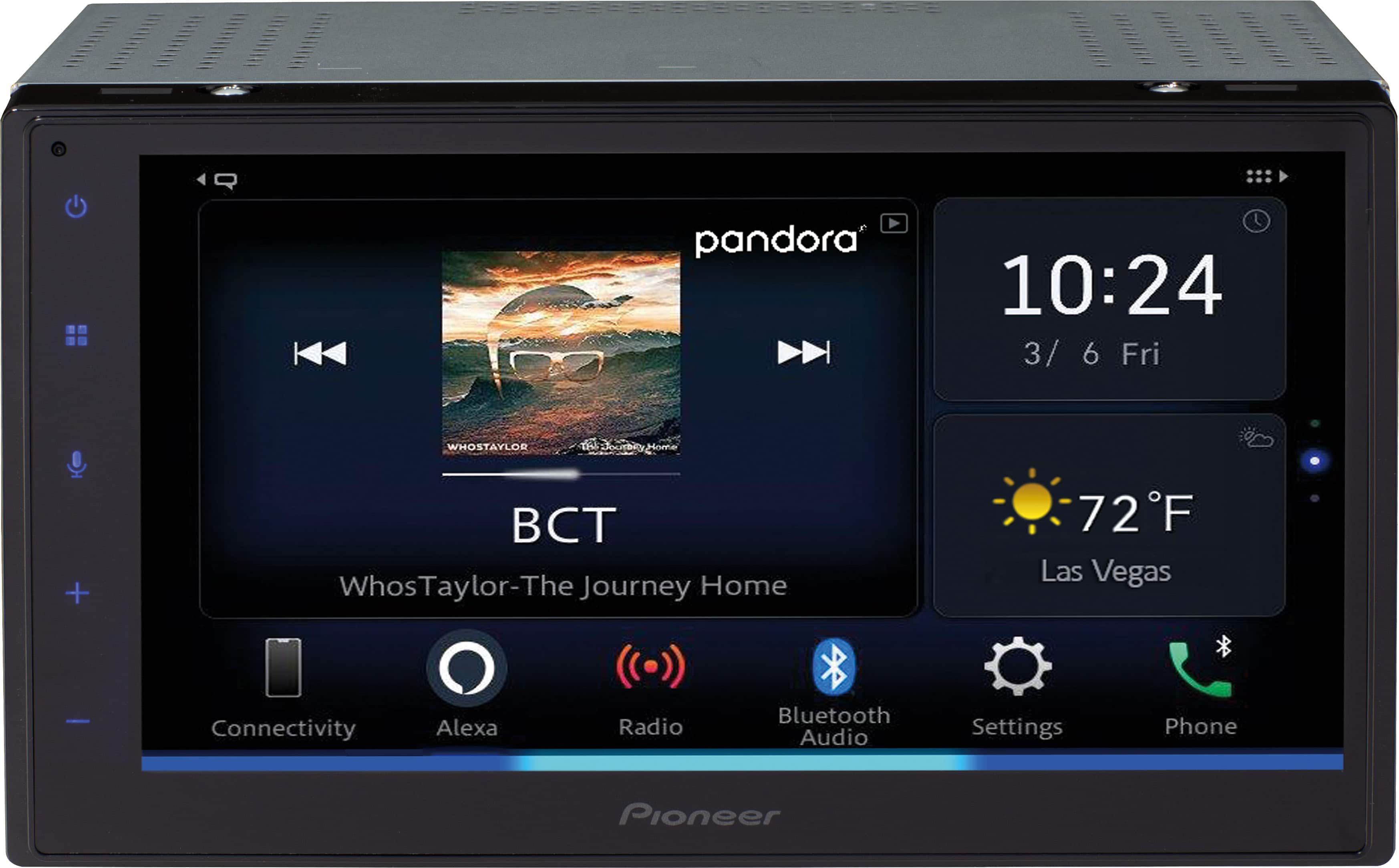 The text on the image is grouped and corrected as follows:
"Pandora 10:24 3/6 Fri. Whos Taylor - The Journey Home + 72F Las Vegas. Connectivity: Alexa, Radio, Bluetooth, Audio Settings, Phone. Pioneer."
