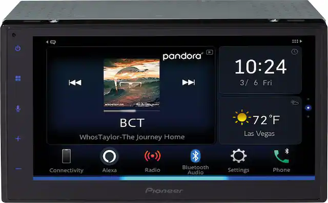 The text on the image is grouped and corrected as follows:
"Pandora 10:24 3/6 Fri. Whos Taylor - The Journey Home + 72F Las Vegas. Connectivity: Alexa, Radio, Bluetooth, Audio Settings, Phone. Pioneer."