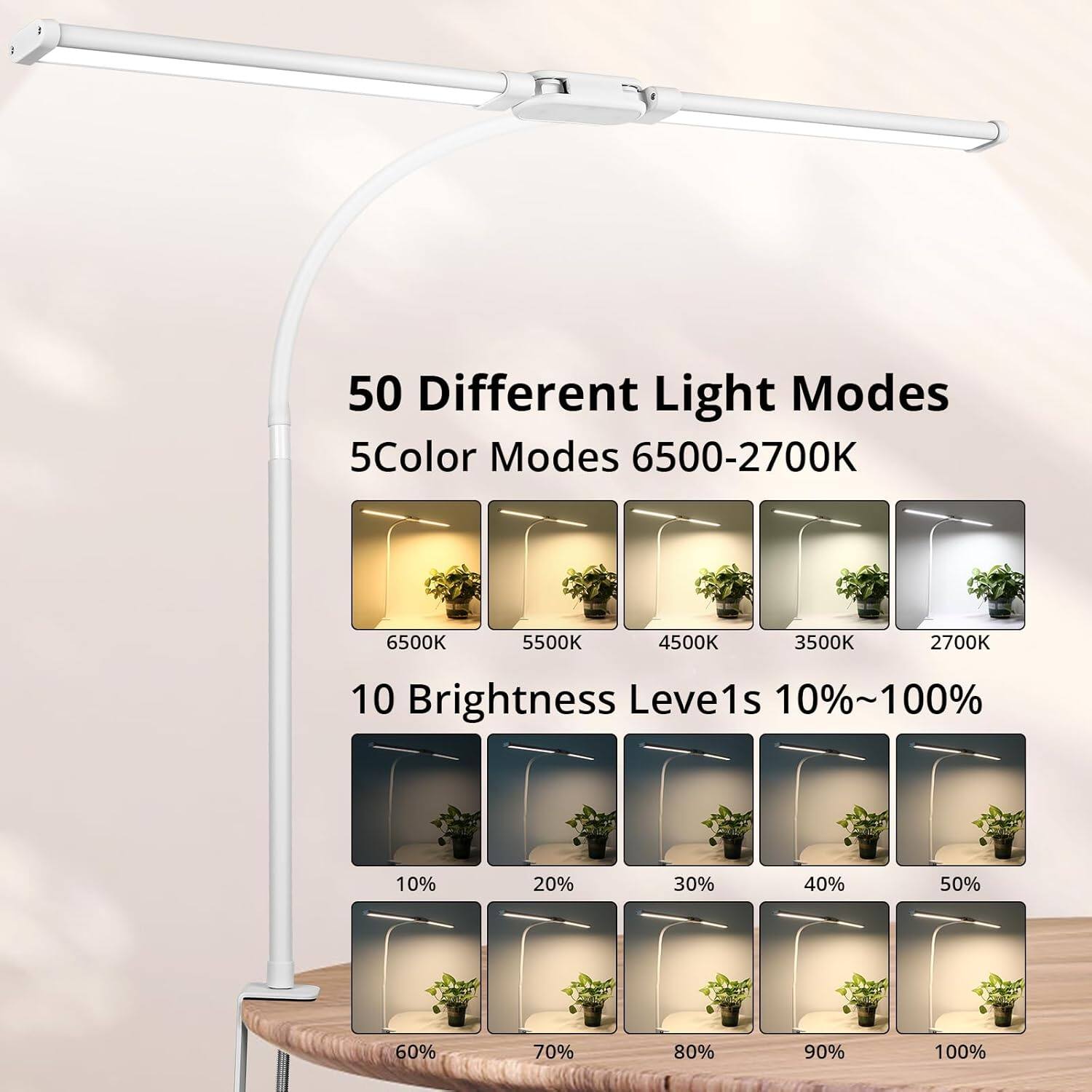 50 Different Light Modes  
5 Color Modes 6500-2700K  
6500K 5500K 4500K 3500K 2700K  
10 Brightness Levels 10%~100%  
10% 20% 30% 40% 50% 60% 70% 80% 90% 100%
