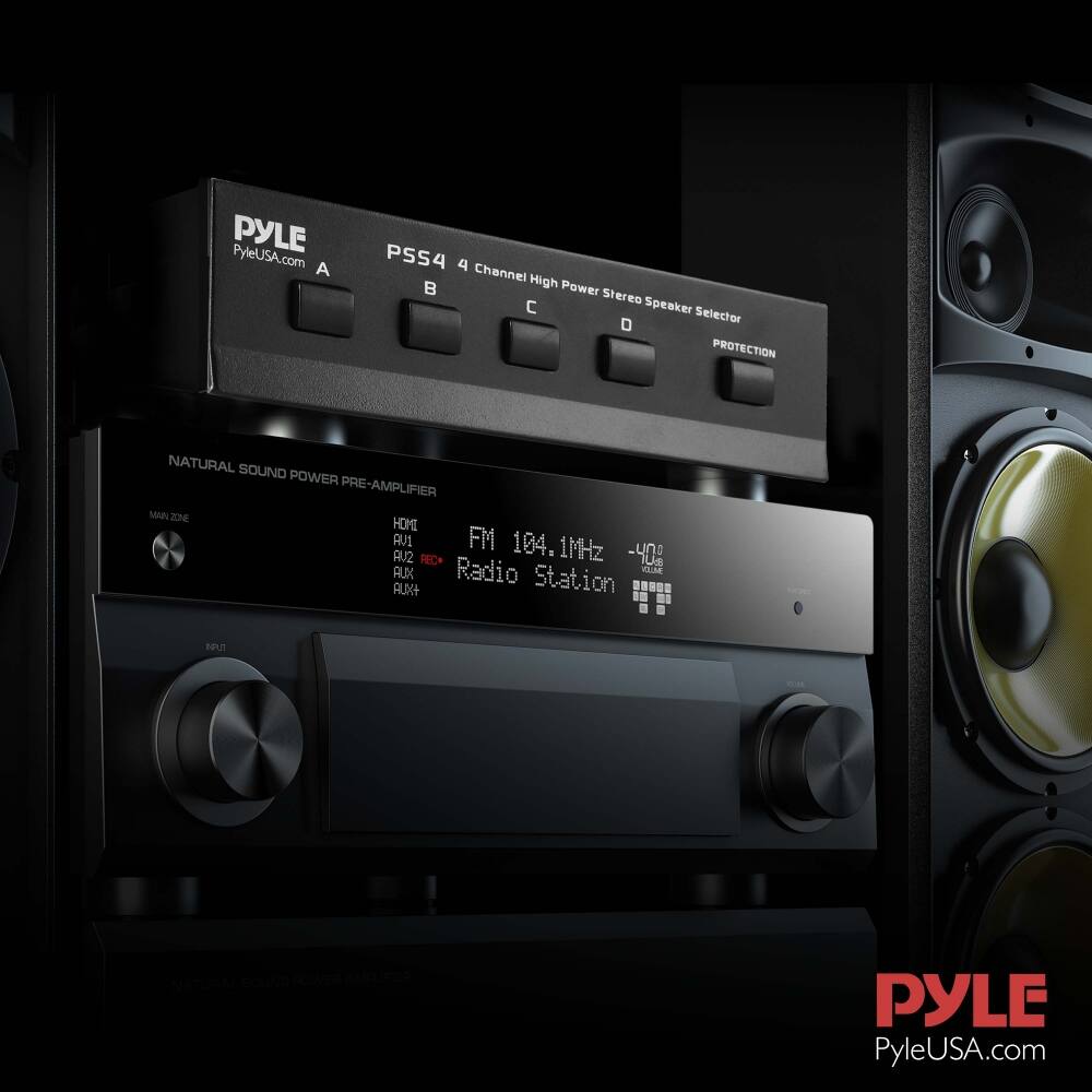 PYLE  
PyleUSA.com  

PSS4 4 Channel High Power Stereo Speaker Selector  
PROTECTION  

NATURAL SOUND POWER PRE-AMPLIFIER  
MAIN 206  
HDMI  
FM 104.1MHz  
AUX REC  
AUX 2  
AUX  
AUX 4  
Radio Station  
-40dB  

PYLE  
PyleUSA.com