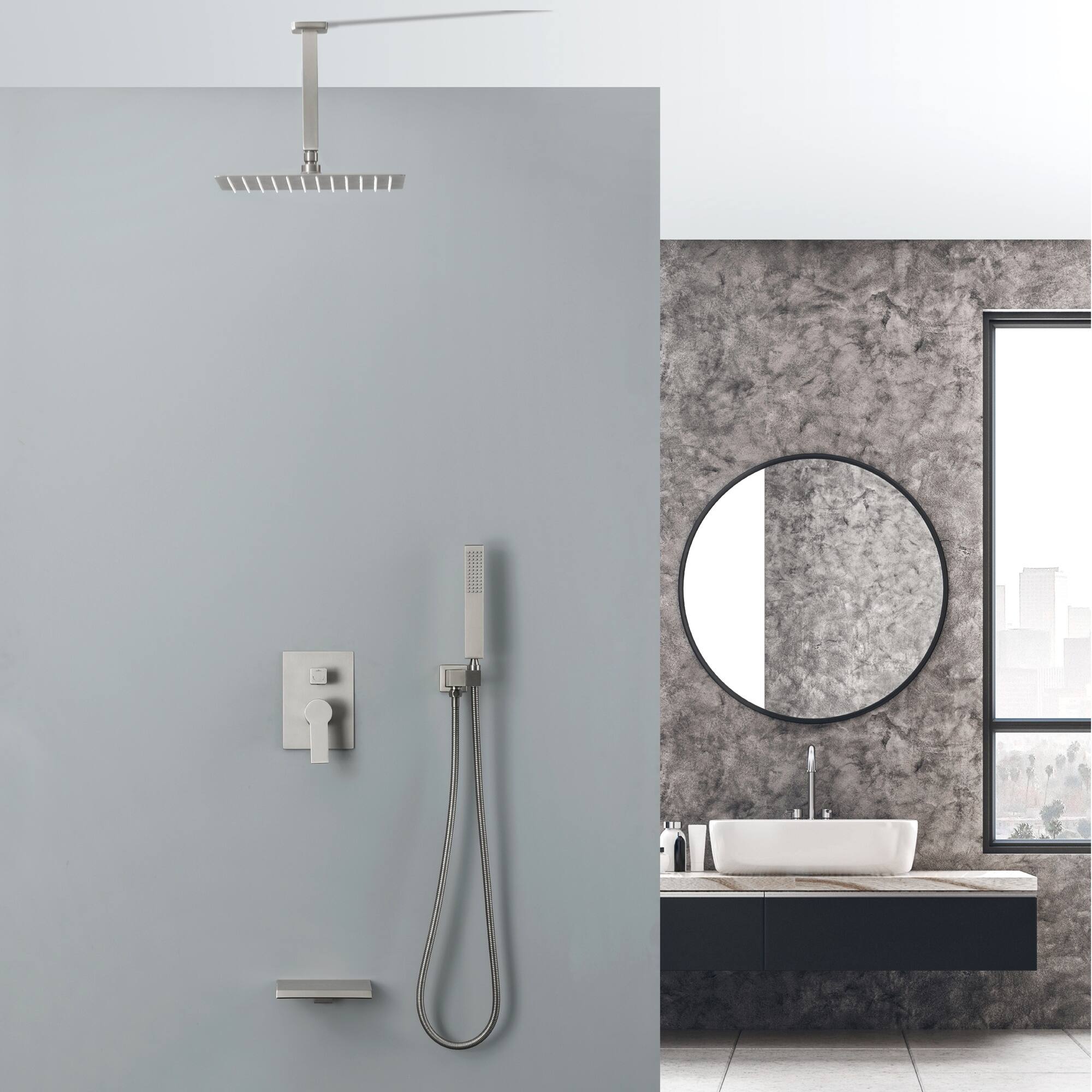 Alt View 2. Boyel Living - Brushed Nickel 12-Inch Rain Shower System Brass SUS304 3-Function Valve Waterfall Spout cUPC - Brushed Nickel.