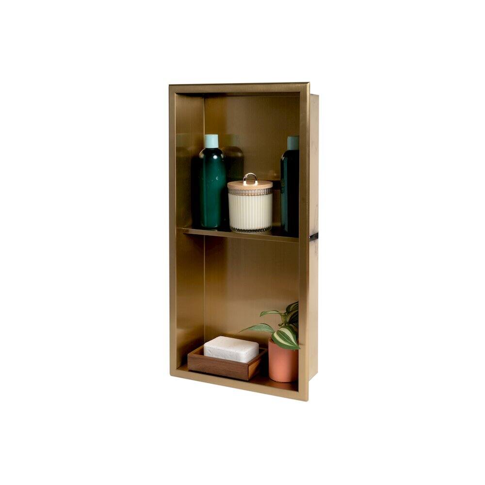 Back. Alfi - 12" x 24" Brushed Gold PVD Stainless Steel Vertical Double Shelf Shower Niche - Gold.