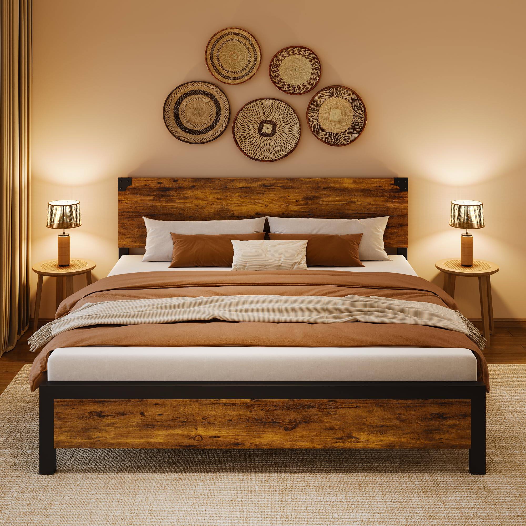 Front. Jojoka - King Size Bed Frame with Storage, Wooden Headboard & Heavy Duty Metal Support - Brown.