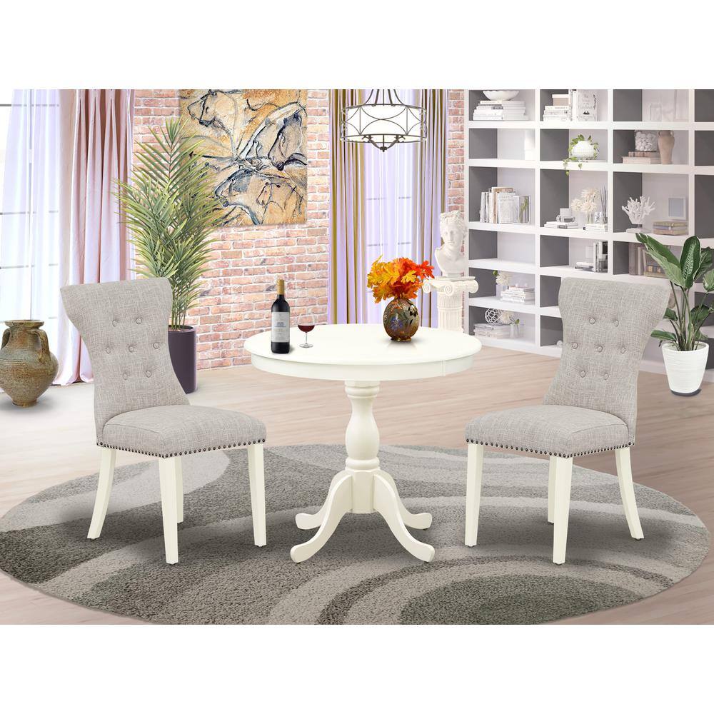 Alt View 2. East West Furniture - AMGA3-LWH-35 3 Pc Wood Dining Table Set - 1 Dining Table and 2 Doeskin Upholstered Chairs - Linen White Finish - Linen White.