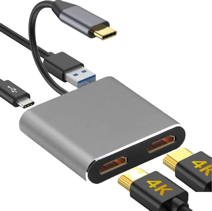 Cluzine - 4-in-1 USB C to Dual HDMI Adapter USB Type-C to HDMI Dual Display Video Converter PD USB 3.0 Hub 4K for MacBook iMac