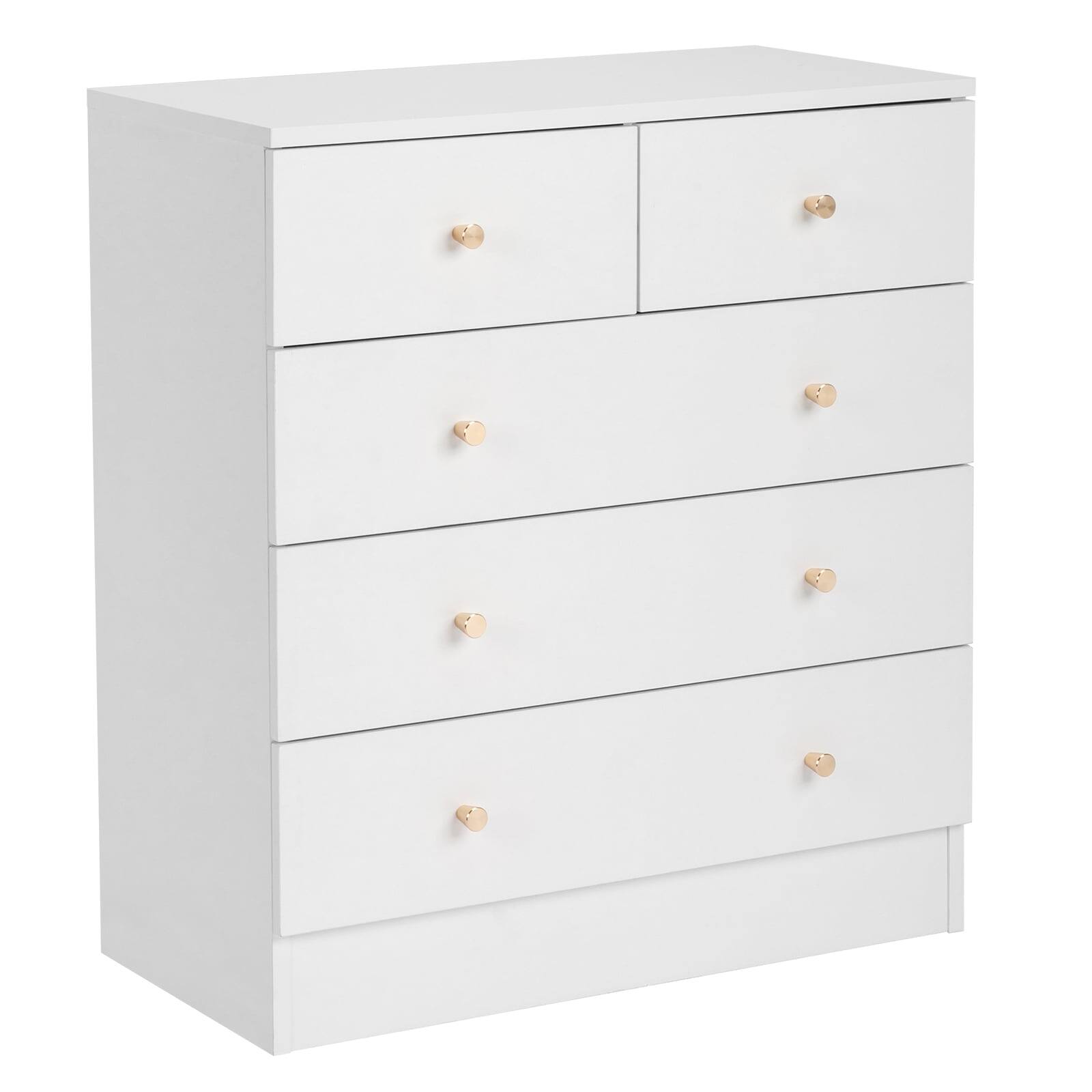 Left. Kadyn - 5 Drawer Dresser with Gold Handle, Nursery Dresser Chest Of Drawers Organizer - White.