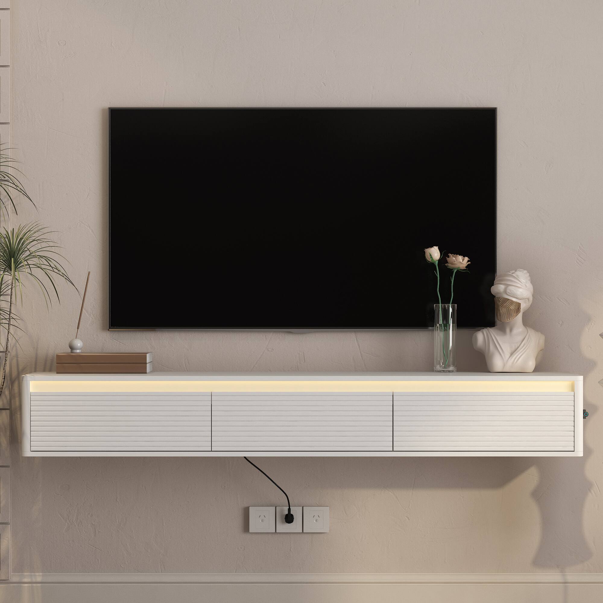 Angle. Z-Edge - Floating TV Stand Wall Mounted for 65"–80" TVs, Modern Floating Entertainment Center with Storage for Living Room - White.