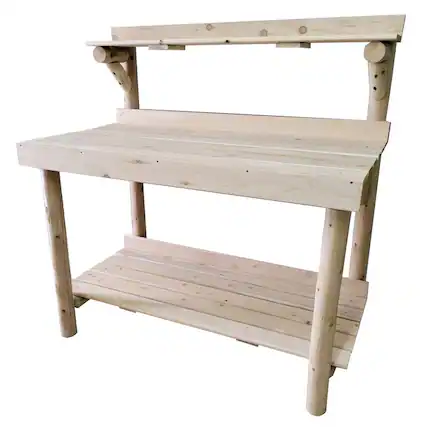 Front. Contoured Comfort - Cedar Log 4 Foot Potting Table.