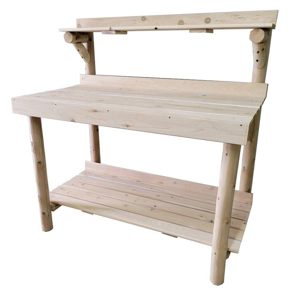 Front. Contoured Comfort - Cedar Log 4 Foot Potting Table.