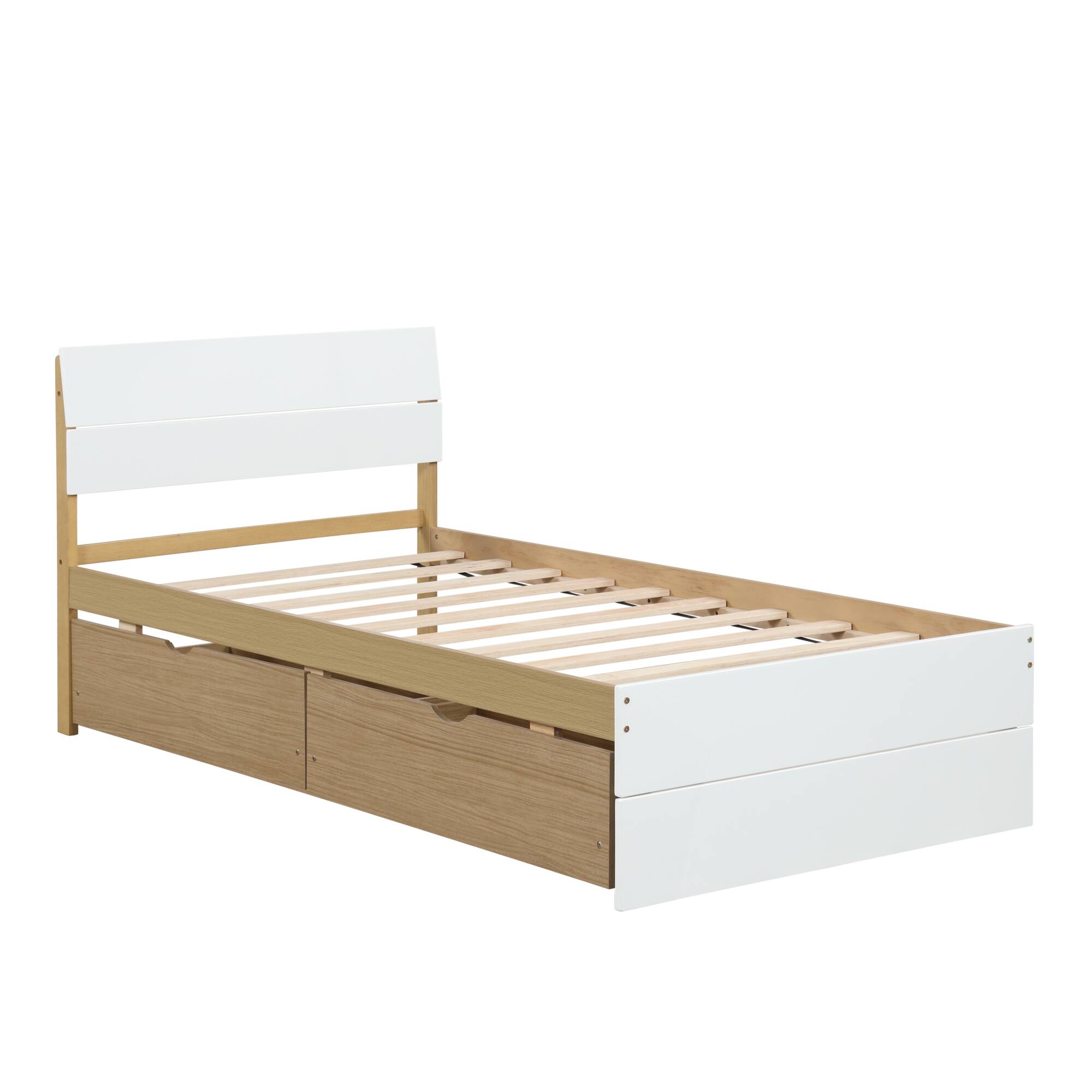 Alt View 6. GOODSILO - Modern Twin Bed Frame with Storage Drawers and High Gloss Finish - White+Light Oak.