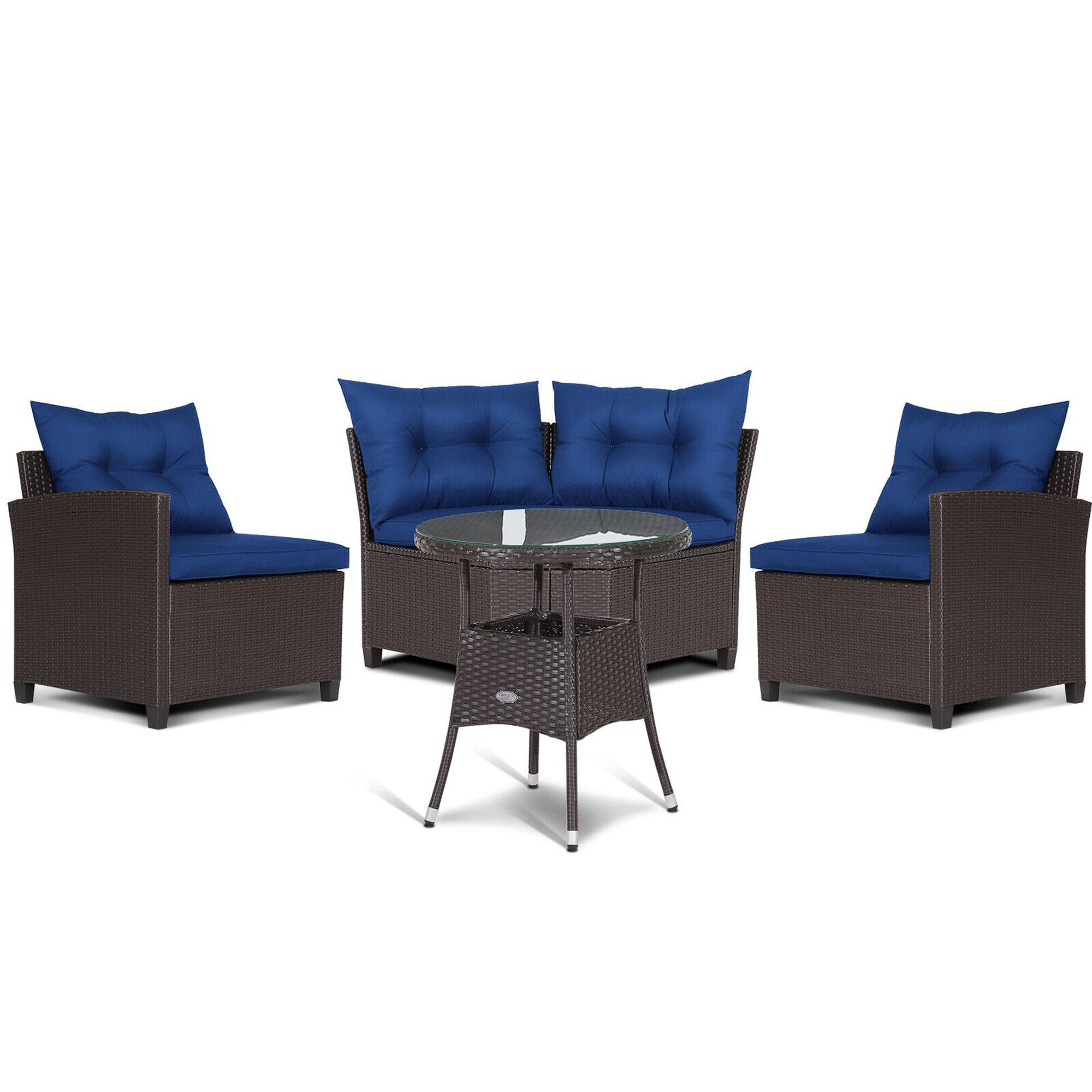 Alt View 5. Gymax - Gymax 4PCS Wicker Patio Sofa Set Rattan Outdoor Furniture Set w/ Navy Cushions - Navy.