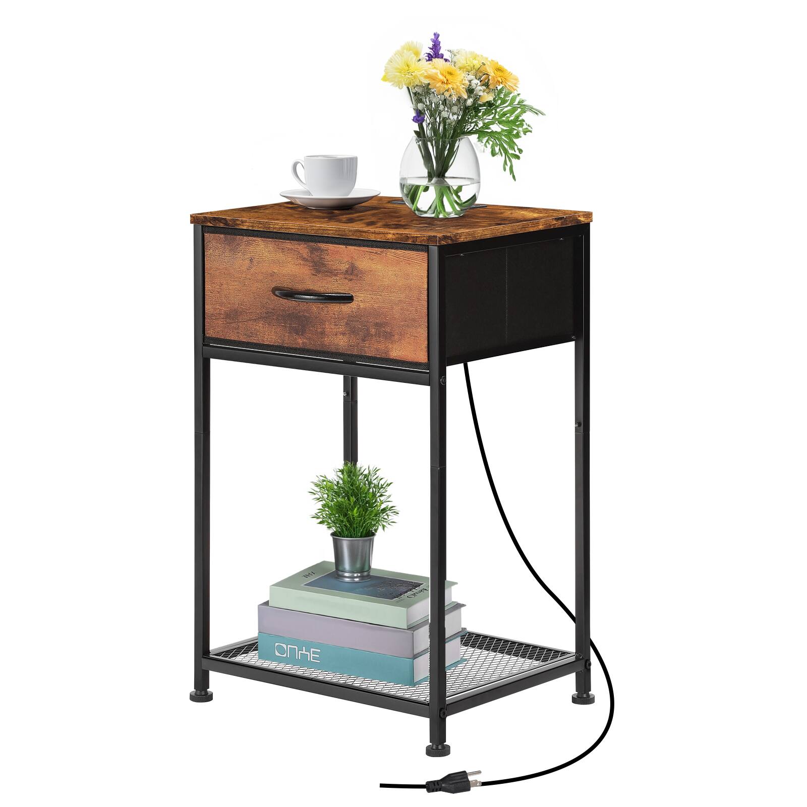 Angle. Oumilen - Rustic Brown Nightstand with Charging Station, Industrial End Table with Drawer & Mesh Shelf - Rustic Brown.