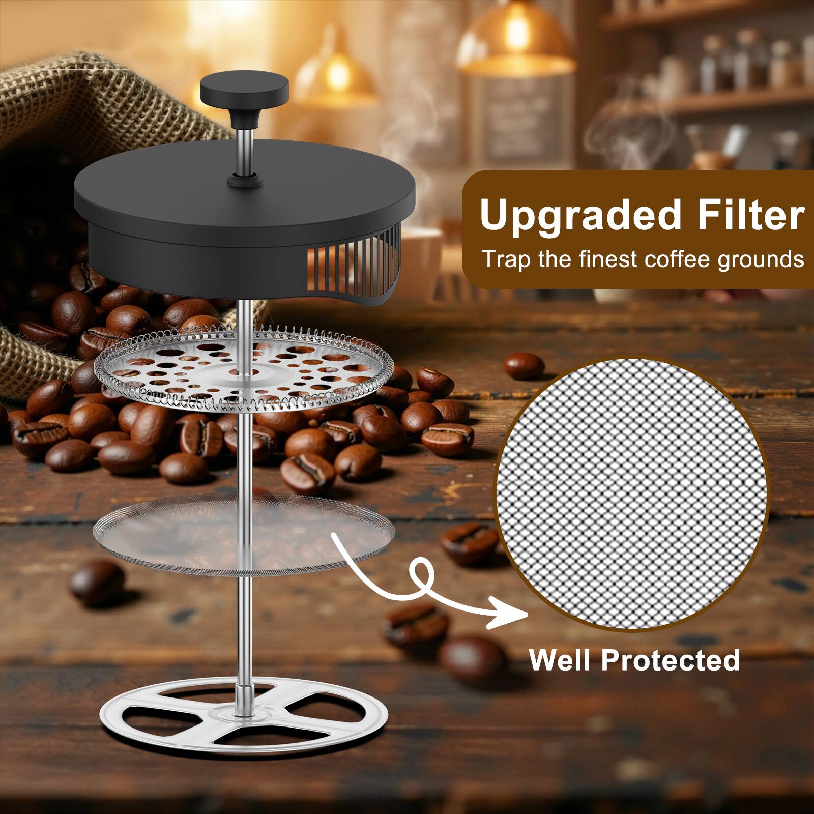 Upgraded Filter  
Trap the finest coffee grounds  

Well Protected