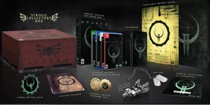 **Strogg Collector's Box**

- **Quake**
  - Special Edition
  - Collector's Box
  - Includes:
    - Game
    - Collectible Art Book
    - Metal Dog Tags
    - Military Service Challenge Coin
    - Certificate of Authenticity
    - Collectible Patch
    - Strogg Emblem
    - Dog Tags
    - Certificate of Authenticity