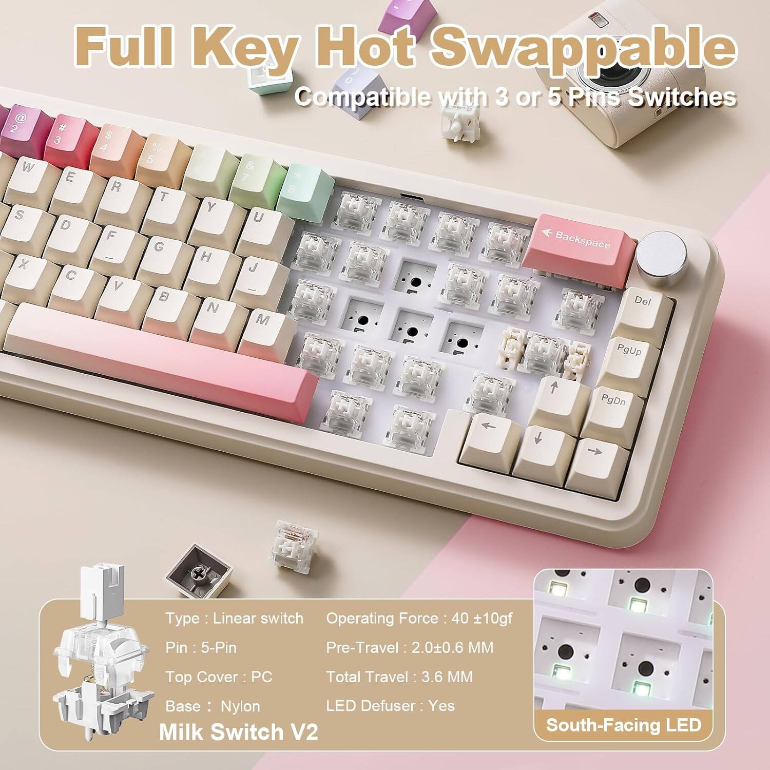 2 W S x Full Key Hot Swappable Compatible with 3 or 5 Pins Switches

M 3 S 4 % 5 & E 7 R 8 T Y U D F Backspace G - H J  V : B Del N M PgUp PgDn

Type: Linear switch
Operating Force: 40 ±10gf
Pin: 5-Pin
Pre-Travel: 2.0±0.6 MM
Total Travel: 3.6 MM
Top Cover: PC
Base: Nylon
LED Defuser: Yes
Milk Switch V2
South-Facing LED