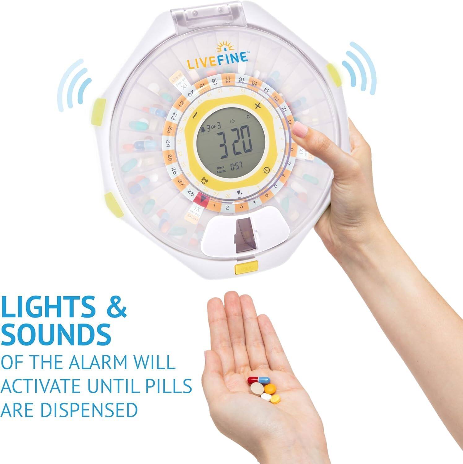 LIVEFINE ep-S 8: AL RE XI in 21 9 FI l TE 07 1 ds  21 x 12 22 I C F5 3OF 3 23 20 24 GZ 320  U Gz Nst 0S7 Alaron 21  O 2B D 4 1 2 3 1X perde 1X LIGHTS & SOUNDS OF THE ALARM WILL ACTIVATE UNTIL PILLS ARE DISPENSED