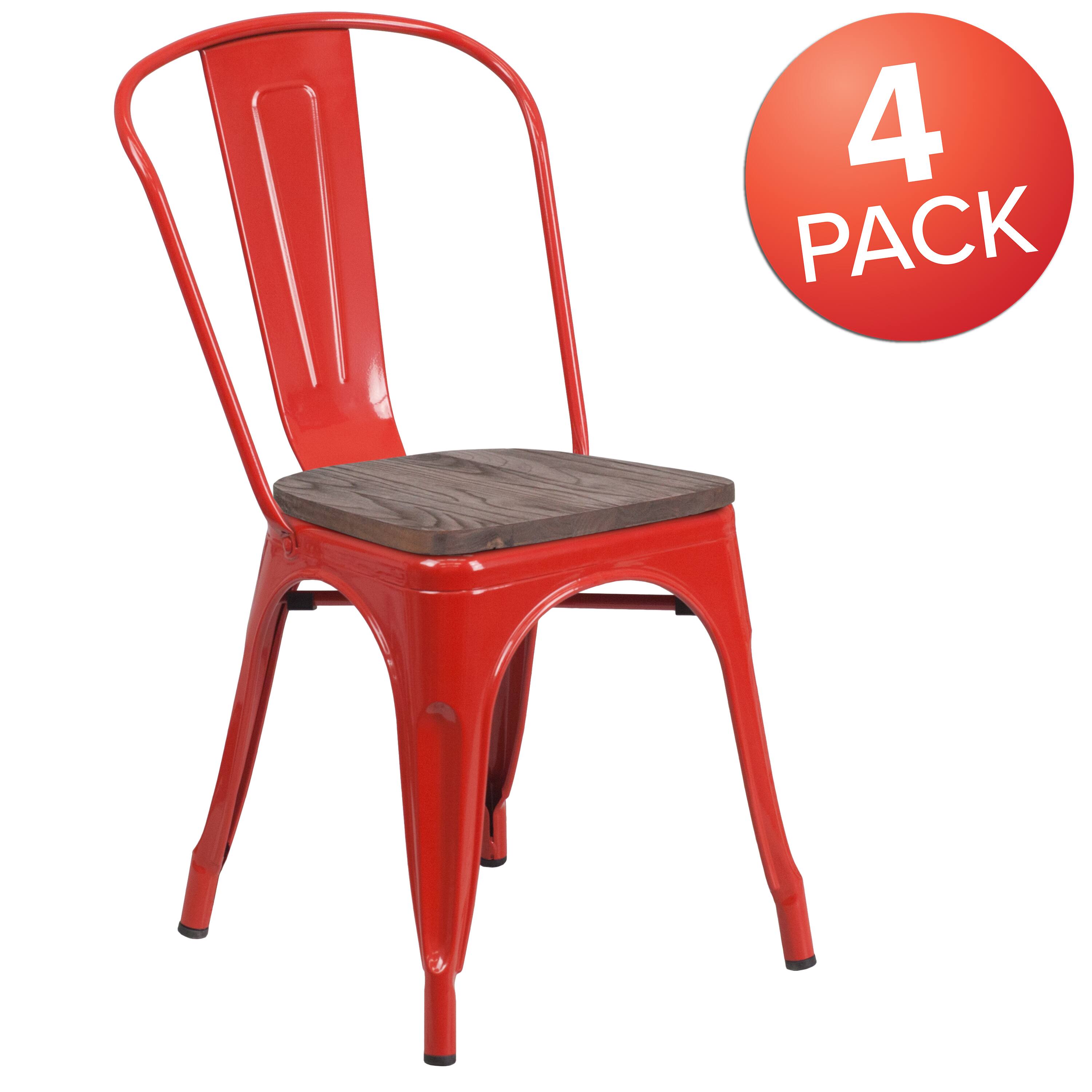 Alt View 2. Emma + Oliver - 4 Pack Metal Stackable Chair with Wood Seat - Red.