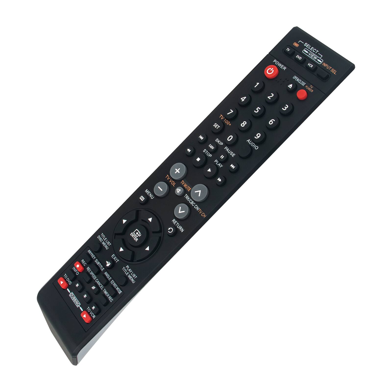 u MENU ENTER IN0 MENU BNYREY EXIT REC SUBTITLE 4 INFO PLAY TODYO ANDLE TITLEMENU LIST a - CANCEL T * TIMERIRE REC T * TOVCR SELECT SEI TV ECT DVO WEW - G POWER ICE INFUT SEL 1 OPENICLOSE TV POWER 4 2 5 3 7 TV 100+ 8 6 SET H 0 9 IAN SKIP AUDIO - PAUSE STOP " PLAY M + A TVVOL a TVMUTE > TRKICBCCHITV CH TRK/CBC L CH/TV CH O RETURN