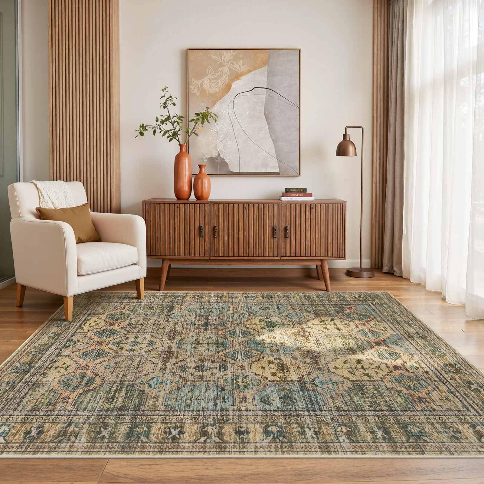 Front. PARKER SLATER - Area Rugs 5x7 Living Room Bedroom Grey Washable Rug Vintage Retro Boho Non Slip Low Pile Faux Thin Carpet Indoor - Brown.